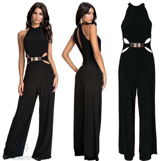 casual stitching long-sleeved high-neck flared pants black sling jumpsuit